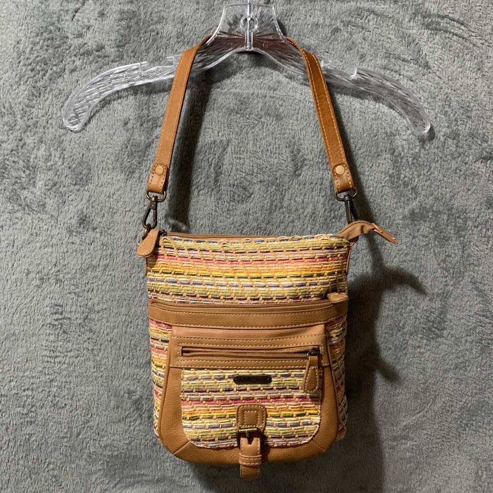 MultiSac Womens Multi Color Woven Crossbody Bag Tan Faux Leather Trim 33318
